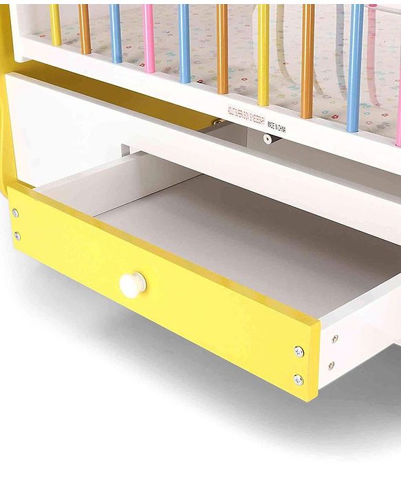 Babyhug Lucky Star Wooden Cradle with Wheel & Big Storage Drawers for Toys - Yellow White| Balanced Swing| Mosquito Net| Swing Lock| Wheels with Lock| Easy to Assemble