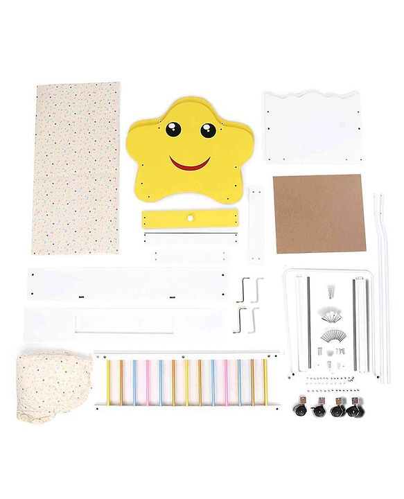 Babyhug Lucky Star Wooden Cradle with Wheel & Big Storage Drawers for Toys - Yellow White| Balanced Swing| Mosquito Net| Swing Lock| Wheels with Lock| Easy to Assemble