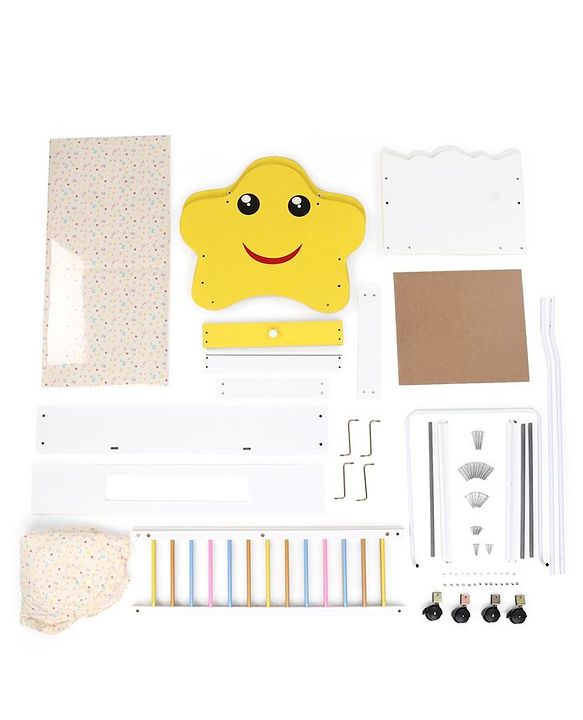 Babyhug Lucky Star Wooden Cradle with Wheel & Big Storage Drawers for Toys - Yellow White| Balanced Swing| Mosquito Net| Swing Lock| Wheels with Lock| Easy to Assemble