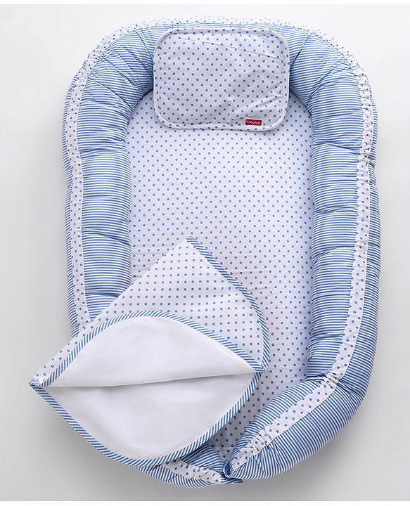 Babyhug Premium Baby Nest 3 Piece Gadda Set Polka Dots Print - Light Blue