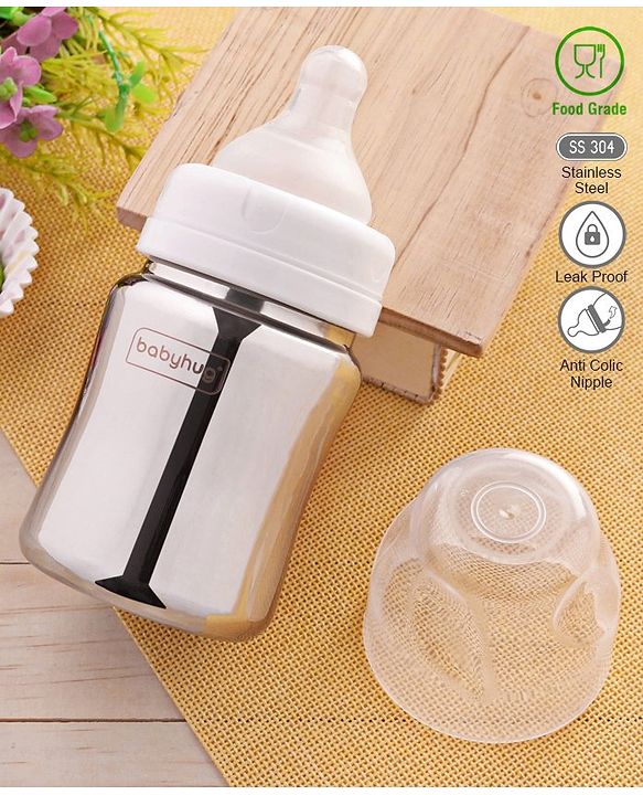Babyhug  Stainless Steel Feeding Bottle with Leak-Proof Cap & Silicone Nipple  200 ml | BPA Free| Durable| Milk Feeding | 304 Grade | Newborn
