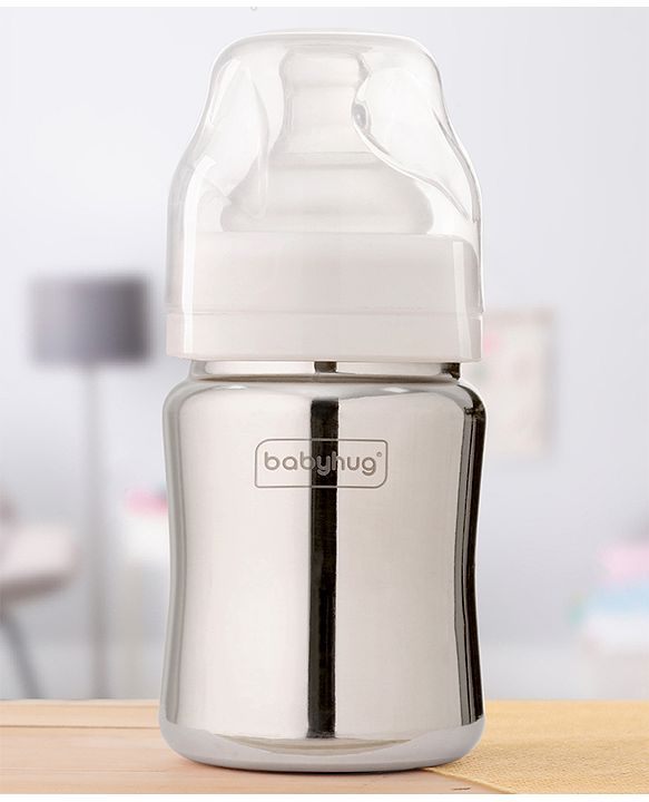 Babyhug  Stainless Steel Feeding Bottle with Leak-Proof Cap & Silicone Nipple  200 ml | BPA Free| Durable| Milk Feeding | 304 Grade | Newborn