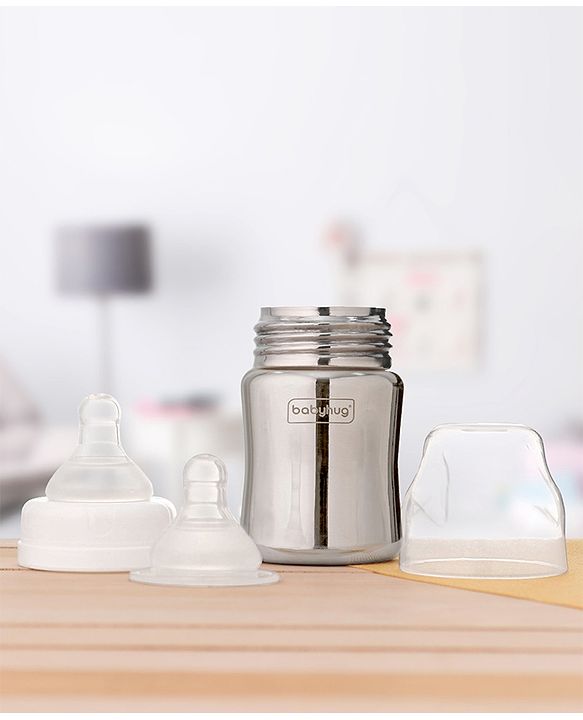 Babyhug  Stainless Steel Feeding Bottle with Leak-Proof Cap & Silicone Nipple  200 ml | BPA Free| Durable| Milk Feeding | 304 Grade | Newborn