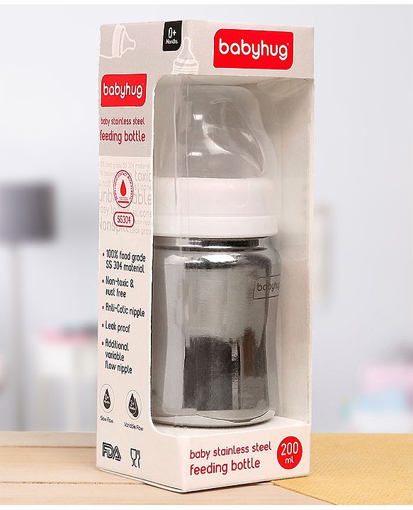 Babyhug  Stainless Steel Feeding Bottle with Leak-Proof Cap & Silicone Nipple  200 ml | BPA Free| Durable| Milk Feeding | 304 Grade | Newborn