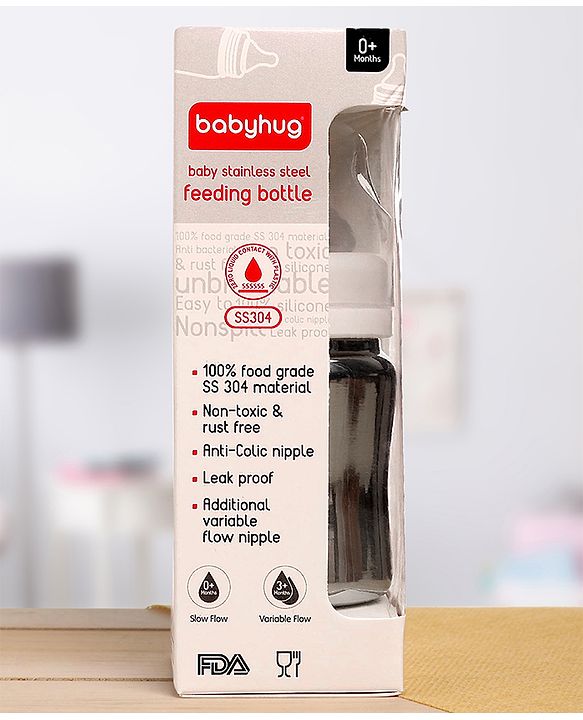 Babyhug  Stainless Steel Feeding Bottle with Leak-Proof Cap & Silicone Nipple  200 ml | BPA Free| Durable| Milk Feeding | 304 Grade | Newborn