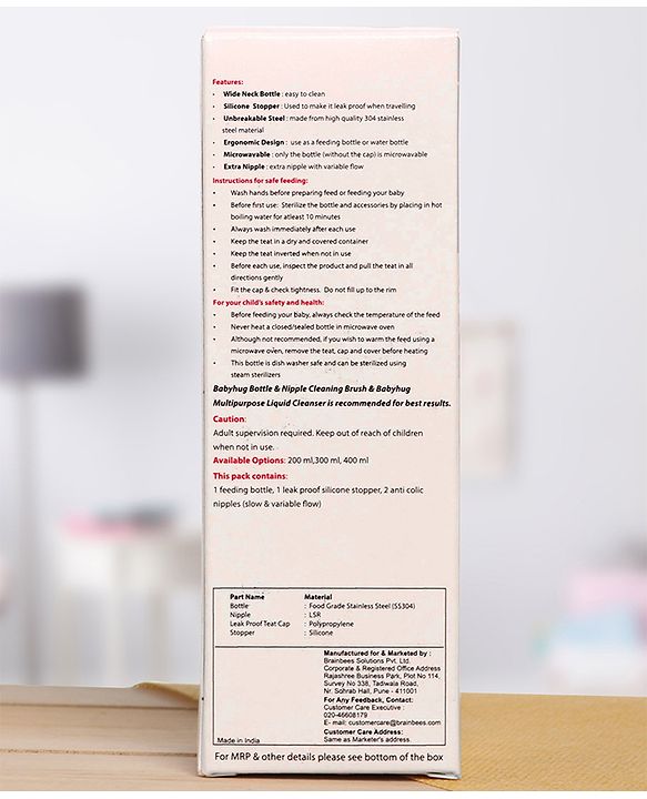 Babyhug  Stainless Steel Feeding Bottle with Leak-Proof Cap & Silicone Nipple  200 ml | BPA Free| Durable| Milk Feeding | 304 Grade | Newborn