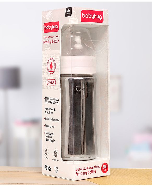 Babyhug  Stainless Steel Feeding Bottle with Leak-Proof Cap & Silicone Nipple  300 ml | BPA Free| Durable| Milk Feeding | 304 Grade | Newborn