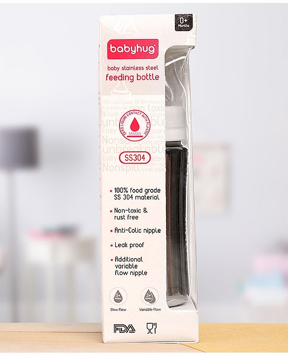 Babyhug  Stainless Steel Feeding Bottle with Leak-Proof Cap & Silicone Nipple  300 ml | BPA Free| Durable| Milk Feeding | 304 Grade | Newborn