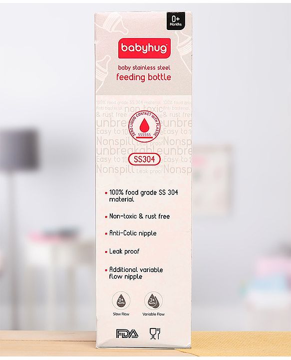 Babyhug  Stainless Steel Feeding Bottle with Leak-Proof Cap & Silicone Nipple  300 ml | BPA Free| Durable| Milk Feeding | 304 Grade | Newborn