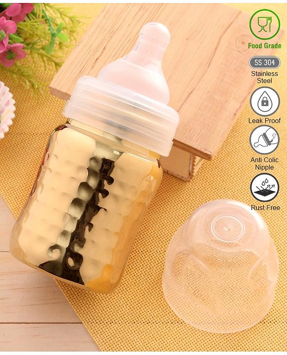 Babyhug  Stainless Steel Feeding Bottle with Leak-Proof Cap & Silicone Nipple, Golden  200 ml | BPA Free| Durable| Milk Feeding | 304 Grade | Newborn