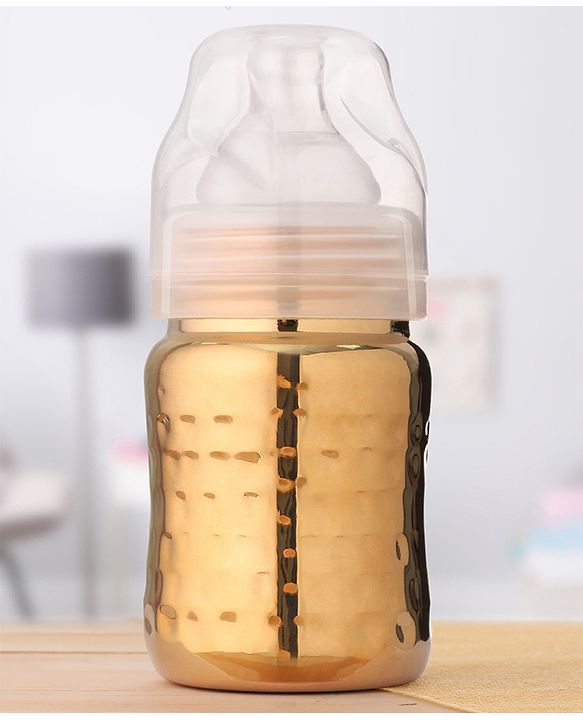 Babyhug  Stainless Steel Feeding Bottle with Leak-Proof Cap & Silicone Nipple, Golden  200 ml | BPA Free| Durable| Milk Feeding | 304 Grade | Newborn