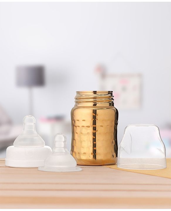 Babyhug  Stainless Steel Feeding Bottle with Leak-Proof Cap & Silicone Nipple, Golden  200 ml | BPA Free| Durable| Milk Feeding | 304 Grade | Newborn