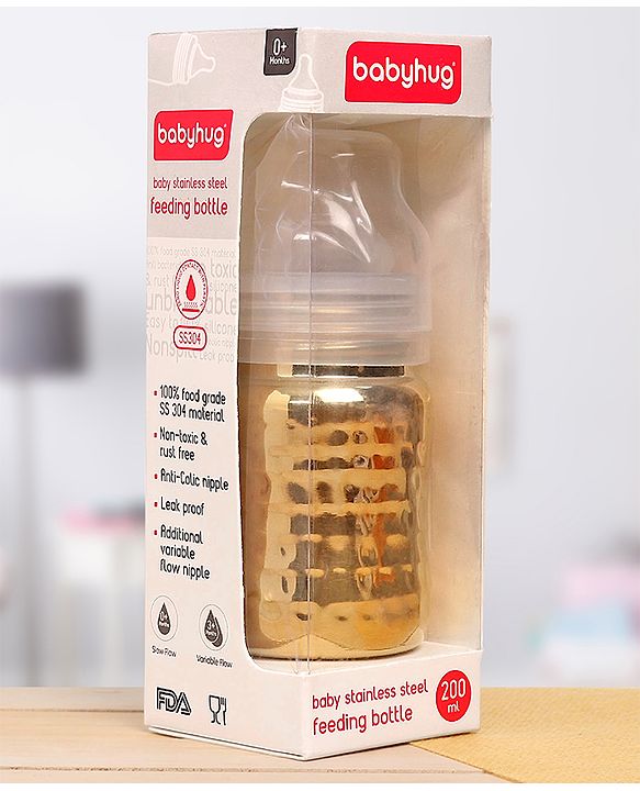 Babyhug  Stainless Steel Feeding Bottle with Leak-Proof Cap & Silicone Nipple, Golden  200 ml | BPA Free| Durable| Milk Feeding | 304 Grade | Newborn