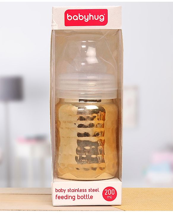 Babyhug  Stainless Steel Feeding Bottle with Leak-Proof Cap & Silicone Nipple, Golden  200 ml | BPA Free| Durable| Milk Feeding | 304 Grade | Newborn