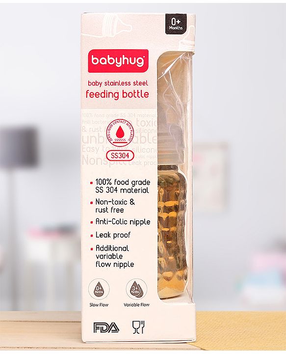 Babyhug  Stainless Steel Feeding Bottle with Leak-Proof Cap & Silicone Nipple, Golden  200 ml | BPA Free| Durable| Milk Feeding | 304 Grade | Newborn