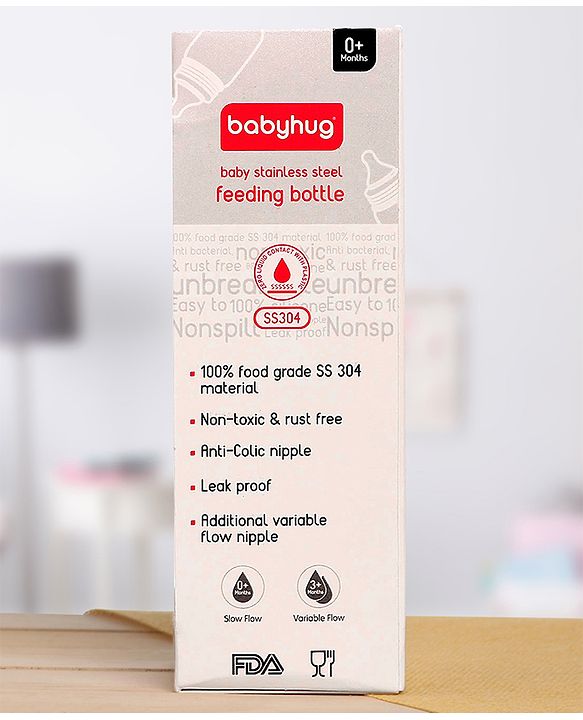 Babyhug  Stainless Steel Feeding Bottle with Leak-Proof Cap & Silicone Nipple, Golden  200 ml | BPA Free| Durable| Milk Feeding | 304 Grade | Newborn