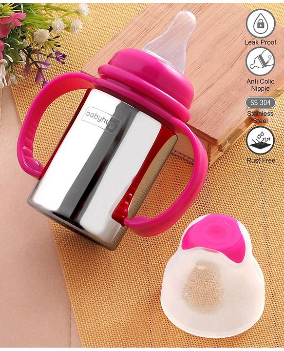 Babyhug Stainless Steel Feeding Bottle with Twin Handles, Pink 150ml| Anti-Colic Nipple| BPA-Free| Rust Free| SS 304 Grade| New Born & Toddlers| Microwave Safe| Leak resistant