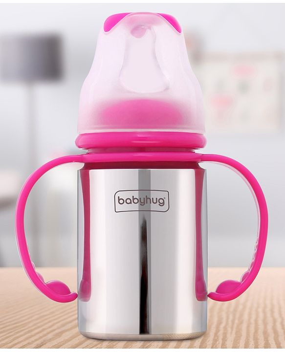 Babyhug Stainless Steel Feeding Bottle with Twin Handles, Pink 150ml| Anti-Colic Nipple| BPA-Free| Rust Free| SS 304 Grade| New Born & Toddlers| Microwave Safe| Leak resistant