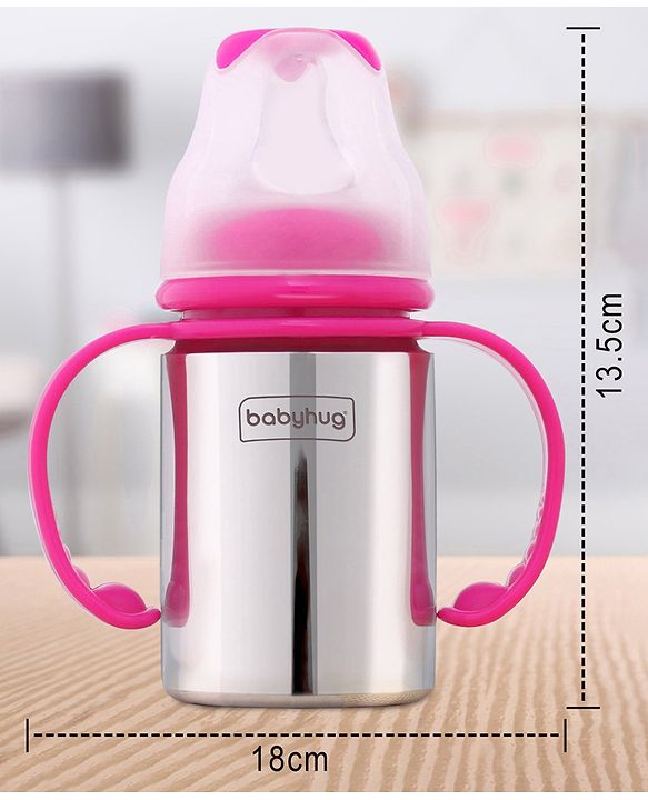 Babyhug Stainless Steel Feeding Bottle with Twin Handles, Pink 150ml| Anti-Colic Nipple| BPA-Free| Rust Free| SS 304 Grade| New Born & Toddlers| Microwave Safe| Leak resistant