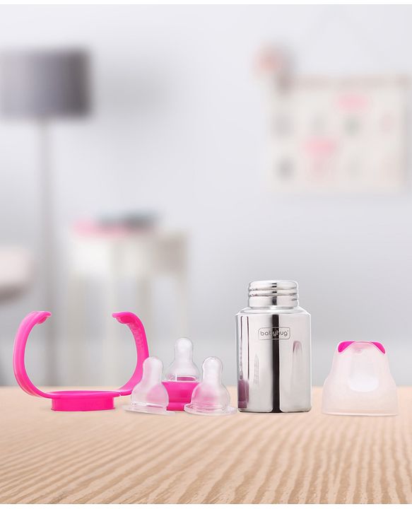 Babyhug Stainless Steel Feeding Bottle with Twin Handles, Pink 150ml| Anti-Colic Nipple| BPA-Free| Rust Free| SS 304 Grade| New Born & Toddlers| Microwave Safe| Leak resistant