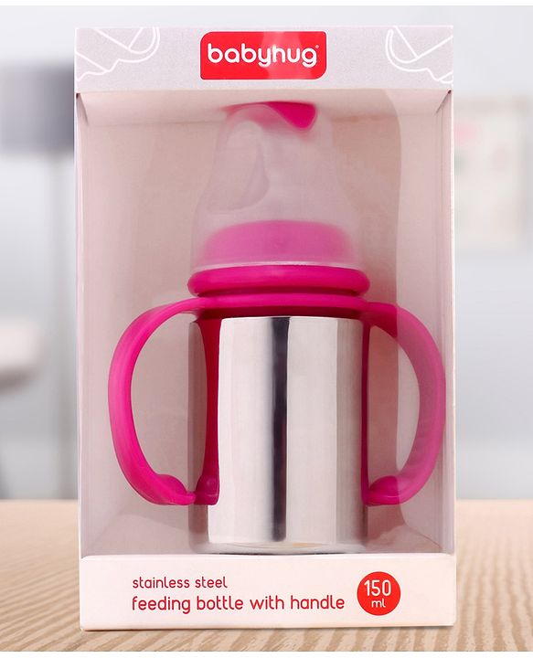 Babyhug Stainless Steel Feeding Bottle with Twin Handles, Pink 150ml| Anti-Colic Nipple| BPA-Free| Rust Free| SS 304 Grade| New Born & Toddlers| Microwave Safe| Leak resistant