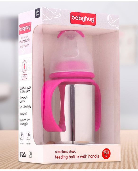 Babyhug Stainless Steel Feeding Bottle with Twin Handles, Pink 150ml| Anti-Colic Nipple| BPA-Free| Rust Free| SS 304 Grade| New Born & Toddlers| Microwave Safe| Leak resistant