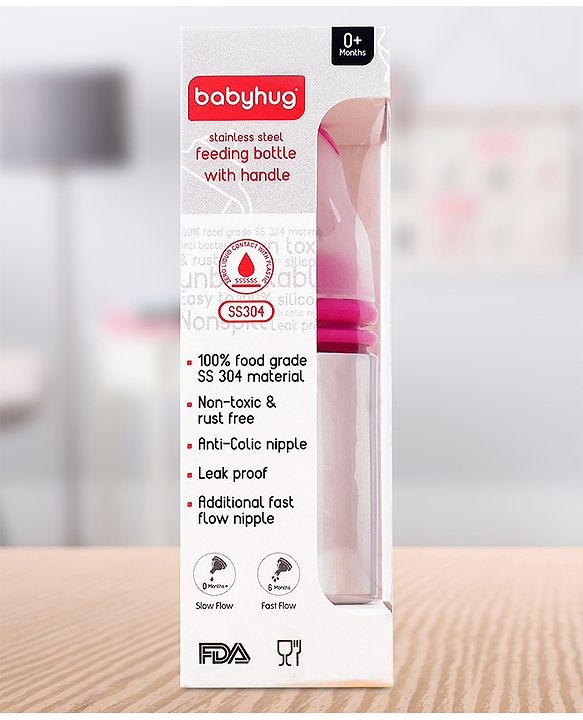 Babyhug Stainless Steel Feeding Bottle with Twin Handles, Pink 150ml| Anti-Colic Nipple| BPA-Free| Rust Free| SS 304 Grade| New Born & Toddlers| Microwave Safe| Leak resistant