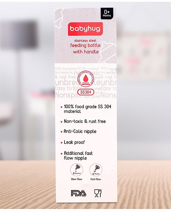 Babyhug Stainless Steel Feeding Bottle with Twin Handles, Pink 150ml| Anti-Colic Nipple| BPA-Free| Rust Free| SS 304 Grade| New Born & Toddlers| Microwave Safe| Leak resistant