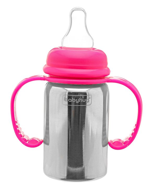 Babyhug Stainless Steel Feeding Bottle with Twin Handles, Pink 150ml| Anti-Colic Nipple| BPA-Free| Rust Free| SS 304 Grade| New Born & Toddlers| Microwave Safe| Leak resistant
