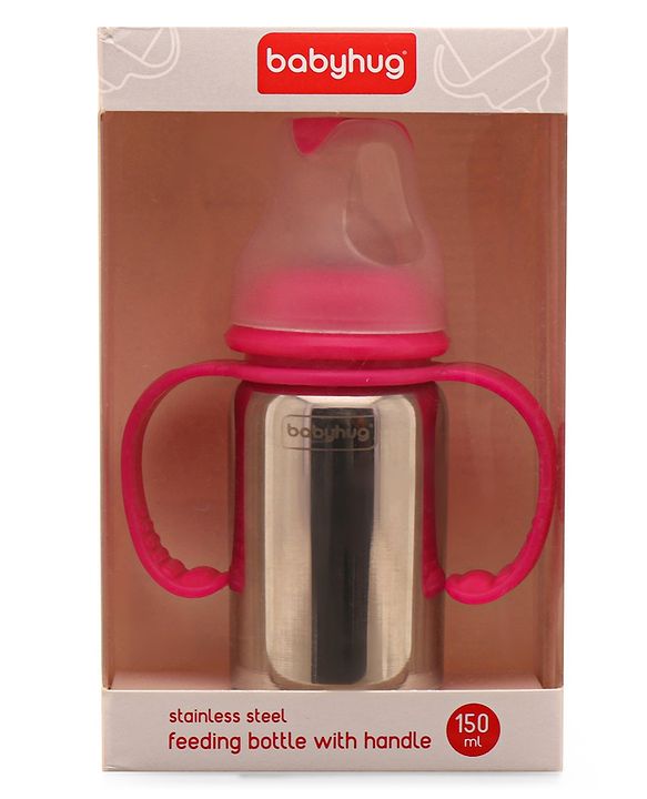 Babyhug Stainless Steel Feeding Bottle with Twin Handles, Pink 150ml| Anti-Colic Nipple| BPA-Free| Rust Free| SS 304 Grade| New Born & Toddlers| Microwave Safe| Leak resistant