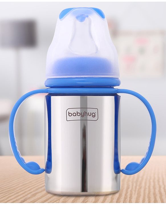 Babyhug Stainless Steel Feeding Bottle with Twin Handles, Blue  150ml| Anti-Colic Nipple | BPA-Free | Rust Free | Food Grade |