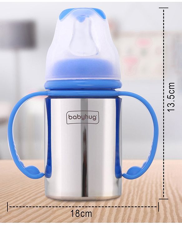 Babyhug Stainless Steel Feeding Bottle with Twin Handles, Blue  150ml| Anti-Colic Nipple | BPA-Free | Rust Free | Food Grade |