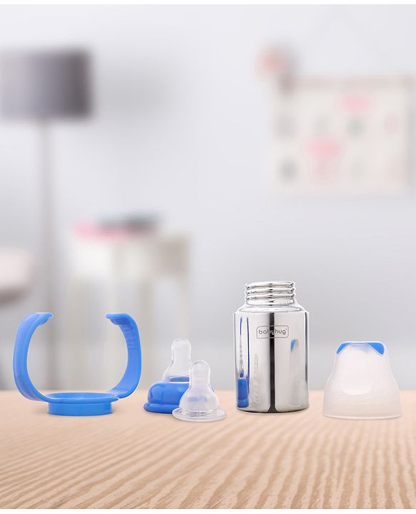 Babyhug Stainless Steel Feeding Bottle with Twin Handles, Blue  150ml| Anti-Colic Nipple | BPA-Free | Rust Free | Food Grade |