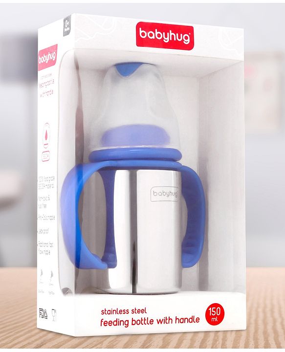 Babyhug Stainless Steel Feeding Bottle with Twin Handles, Blue  150ml| Anti-Colic Nipple | BPA-Free | Rust Free | Food Grade |