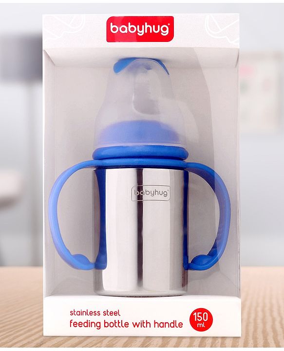 Babyhug Stainless Steel Feeding Bottle with Twin Handles, Blue  150ml| Anti-Colic Nipple | BPA-Free | Rust Free | Food Grade |