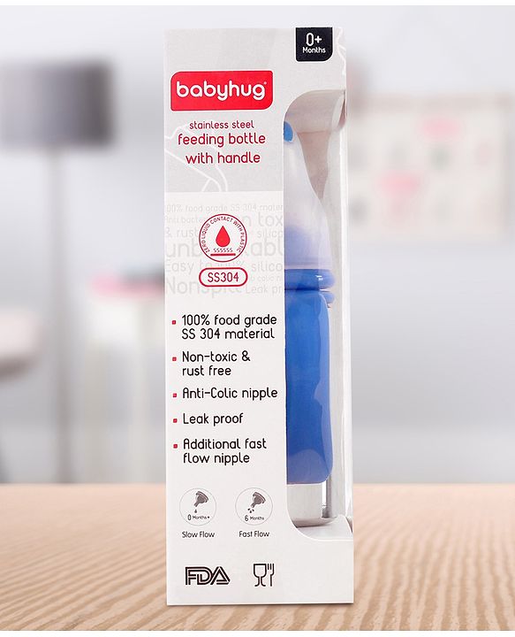 Babyhug Stainless Steel Feeding Bottle with Twin Handles, Blue  150ml| Anti-Colic Nipple | BPA-Free | Rust Free | Food Grade |