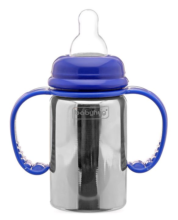 Babyhug Stainless Steel Feeding Bottle with Twin Handles, Blue  150ml| Anti-Colic Nipple | BPA-Free | Rust Free | Food Grade |