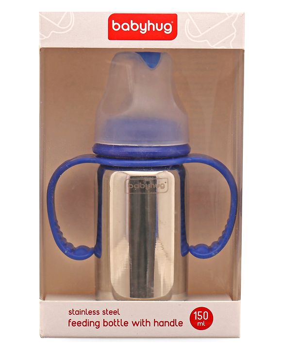 Babyhug Stainless Steel Feeding Bottle with Twin Handles, Blue  150ml| Anti-Colic Nipple | BPA-Free | Rust Free | Food Grade |