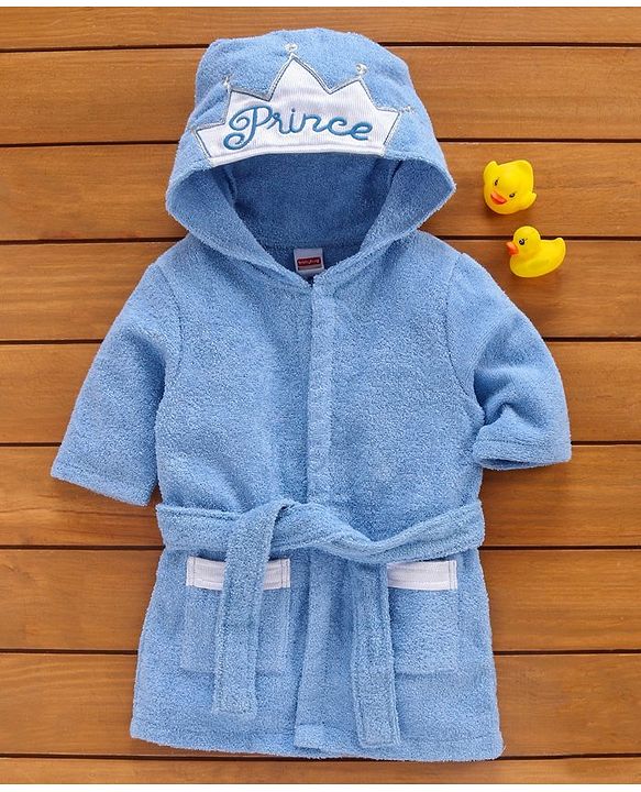 Babyhug Hooded Bathrobe Prince Embroidery - Blue
