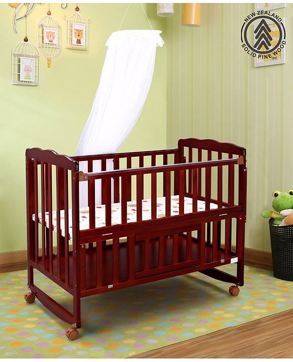 Babyhug Montana Wooden Cot Cum Rocker with Mosquito Net - Cherry Red| Wheels with Lock| Storage Space| Adjustable Height| Openable Side Rail| Foldable Headboard| Attach to Parent Bed| Convert to Study Table