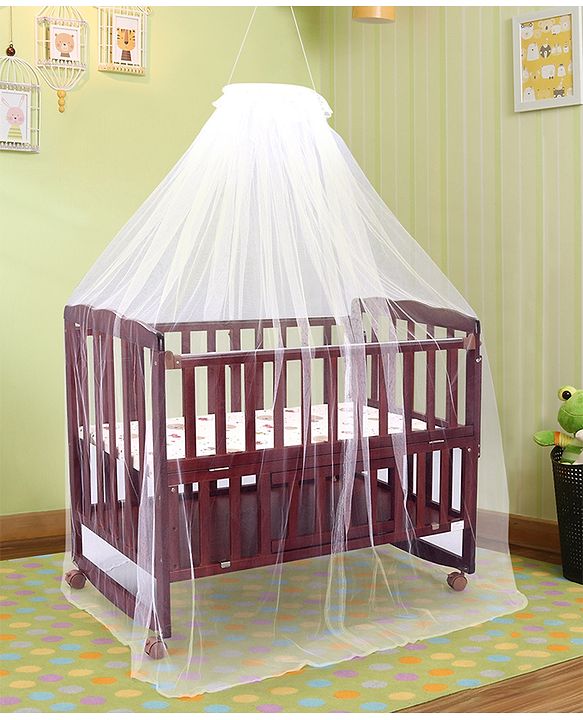 Babyhug Montana Wooden Cot Cum Rocker with Mosquito Net - Cherry Red| Wheels with Lock| Storage Space| Adjustable Height| Openable Side Rail| Foldable Headboard| Attach to Parent Bed| Convert to Study Table