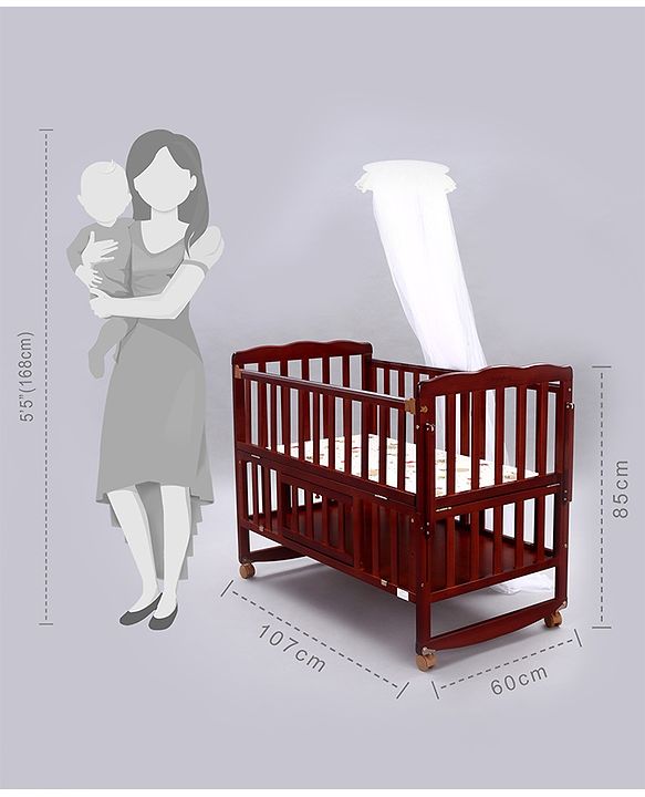 Babyhug Montana Wooden Cot Cum Rocker with Mosquito Net - Cherry Red| Wheels with Lock| Storage Space| Adjustable Height| Openable Side Rail| Foldable Headboard| Attach to Parent Bed| Convert to Study Table