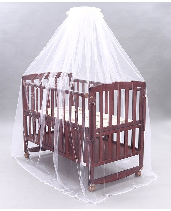 Babyhug Montana Wooden Cot Cum Rocker with Mosquito Net - Cherry Red| Wheels with Lock| Storage Space| Adjustable Height| Openable Side Rail| Foldable Headboard| Attach to Parent Bed| Convert to Study Table