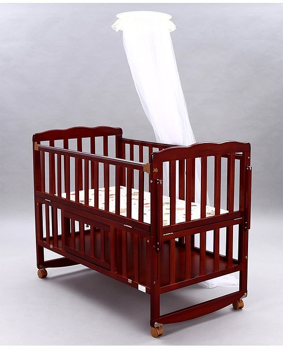 Babyhug Montana Wooden Cot Cum Rocker with Mosquito Net - Cherry Red| Wheels with Lock| Storage Space| Adjustable Height| Openable Side Rail| Foldable Headboard| Attach to Parent Bed| Convert to Study Table