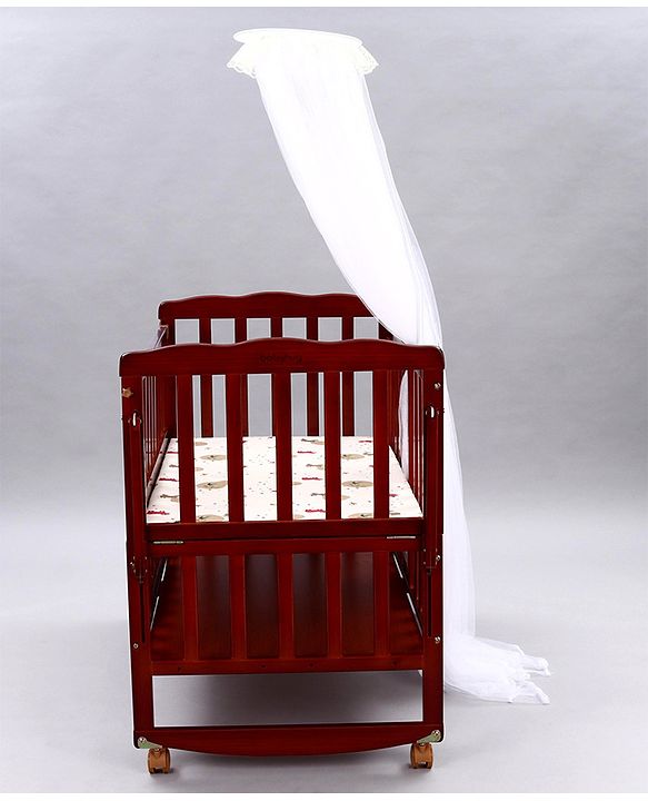 Babyhug Montana Wooden Cot Cum Rocker with Mosquito Net - Cherry Red| Wheels with Lock| Storage Space| Adjustable Height| Openable Side Rail| Foldable Headboard| Attach to Parent Bed| Convert to Study Table