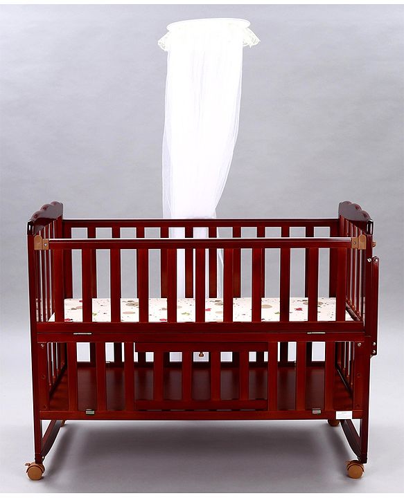 Babyhug Montana Wooden Cot Cum Rocker with Mosquito Net - Cherry Red| Wheels with Lock| Storage Space| Adjustable Height| Openable Side Rail| Foldable Headboard| Attach to Parent Bed| Convert to Study Table