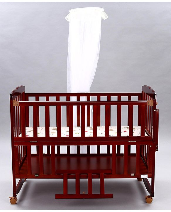 Babyhug Montana Wooden Cot Cum Rocker with Mosquito Net - Cherry Red| Wheels with Lock| Storage Space| Adjustable Height| Openable Side Rail| Foldable Headboard| Attach to Parent Bed| Convert to Study Table