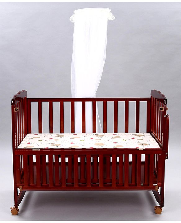 Babyhug Montana Wooden Cot Cum Rocker with Mosquito Net - Cherry Red| Wheels with Lock| Storage Space| Adjustable Height| Openable Side Rail| Foldable Headboard| Attach to Parent Bed| Convert to Study Table