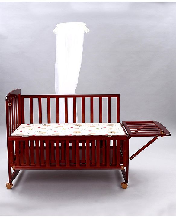 Babyhug Montana Wooden Cot Cum Rocker with Mosquito Net - Cherry Red| Wheels with Lock| Storage Space| Adjustable Height| Openable Side Rail| Foldable Headboard| Attach to Parent Bed| Convert to Study Table