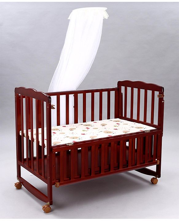 Babyhug Montana Wooden Cot Cum Rocker with Mosquito Net - Cherry Red| Wheels with Lock| Storage Space| Adjustable Height| Openable Side Rail| Foldable Headboard| Attach to Parent Bed| Convert to Study Table
